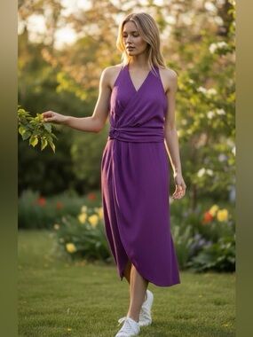 Sienna Purple Halter Wrap Midi Dress Size 14 Ruched Waist